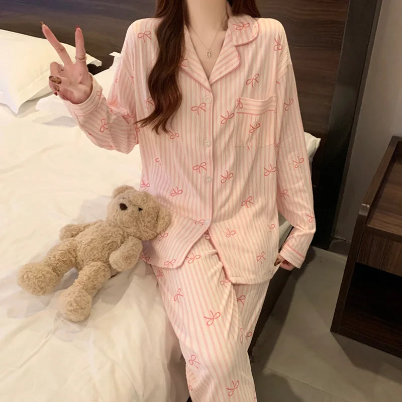 Spring Autumn New Women's Pajamas Long Sleeved Long Pants Sweet Printed 2-piece Set Casual Home Cardigan Nightgown