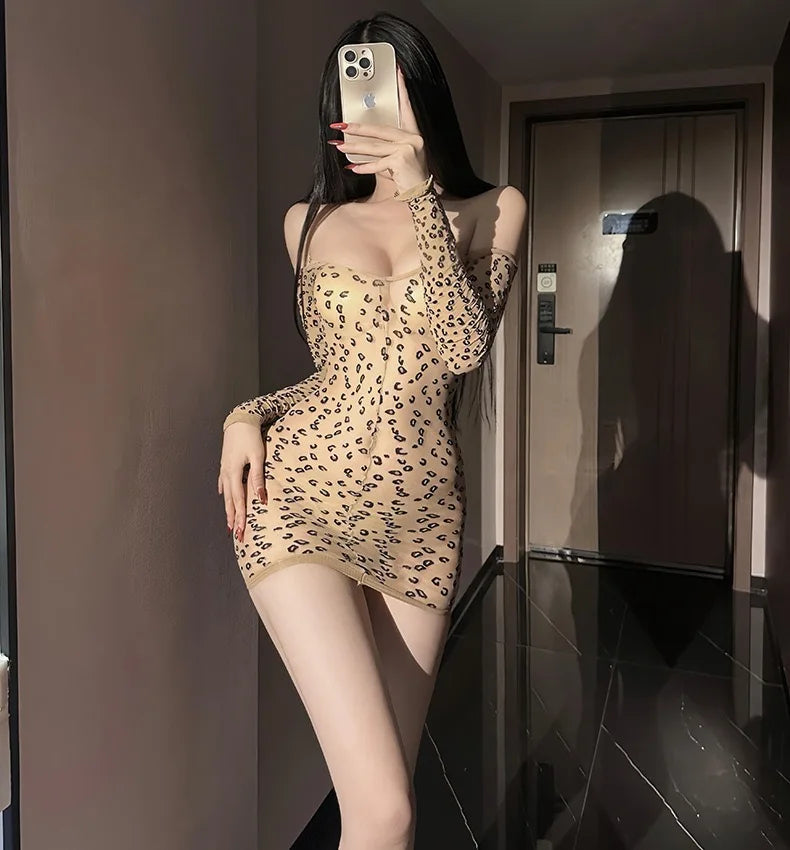 Erotic Lingerie Set for Women, Pure Desire Leopard Print Off-the-Shoulder Style, Chest-Baring Bodycon Mini Skirt,Easy slip-on