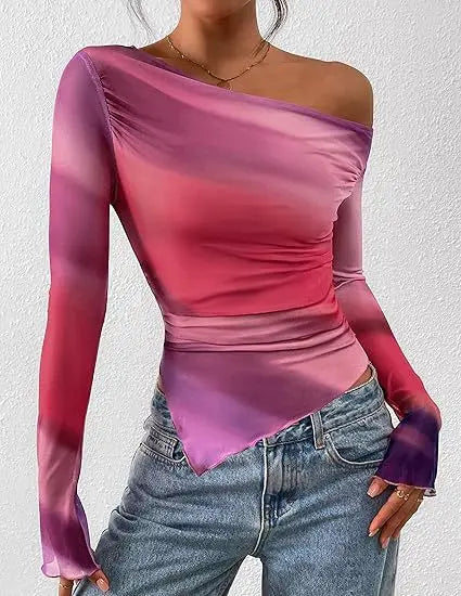 Women's Off-Shoulder Ruffled Sleeve Long-Sleeve Top with Asymmetrical Tie-Dye Mesh Asymmetrical Pleated Floral Print T-Shirt