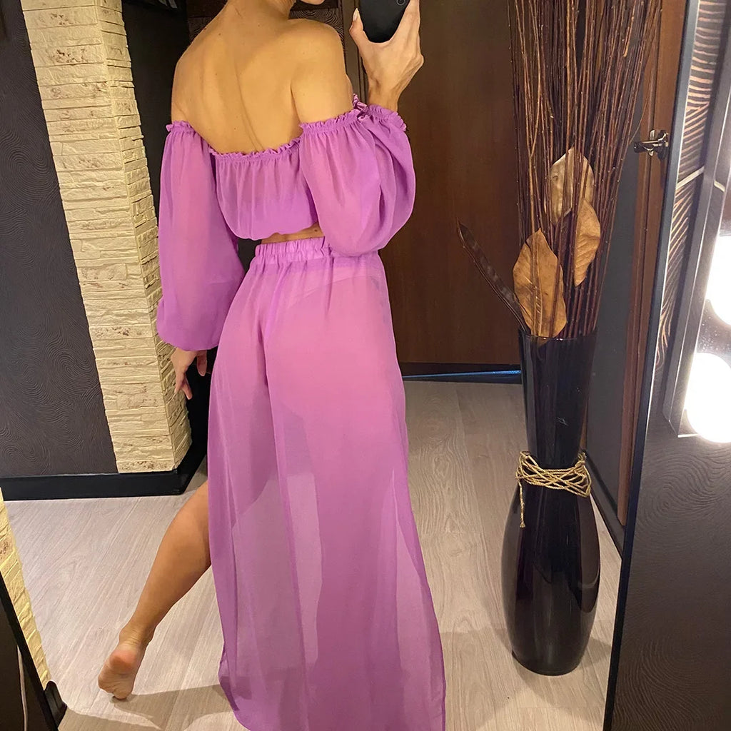 2026 Leopard Off Shoulder Long Sleeve 2 Pieces Set Beach Cover Up Cover-ups Beach Dress Beach Wear Beachwear Female Women V3728