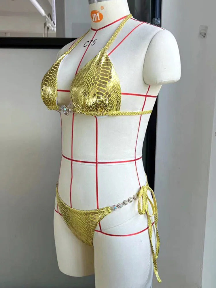 Snake Skin Rhinestone Diamond Bikini Female Swimsuit Women Swimwear Two-pieces Bikini Set High Cut Halter Bathing Suit Swim Lady