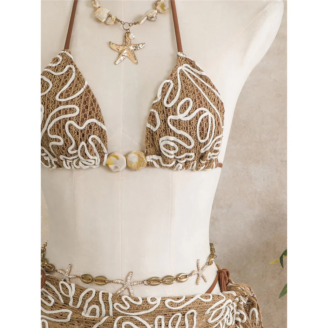 With Sarong Halter Printed Bikini Women Swimwear Female Swimsuit Padded Bather Bathing Suit Swim Three-pieces Bikini set K8073
