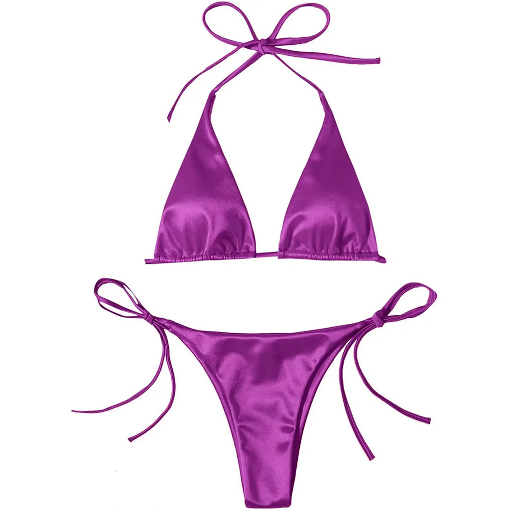 Sexy 13 Colors Halter Satin Brazilian Bikini Women Swimwear Female Swimsuit Two-pieces Bikini set Bather Bathing Suit Swim V4966