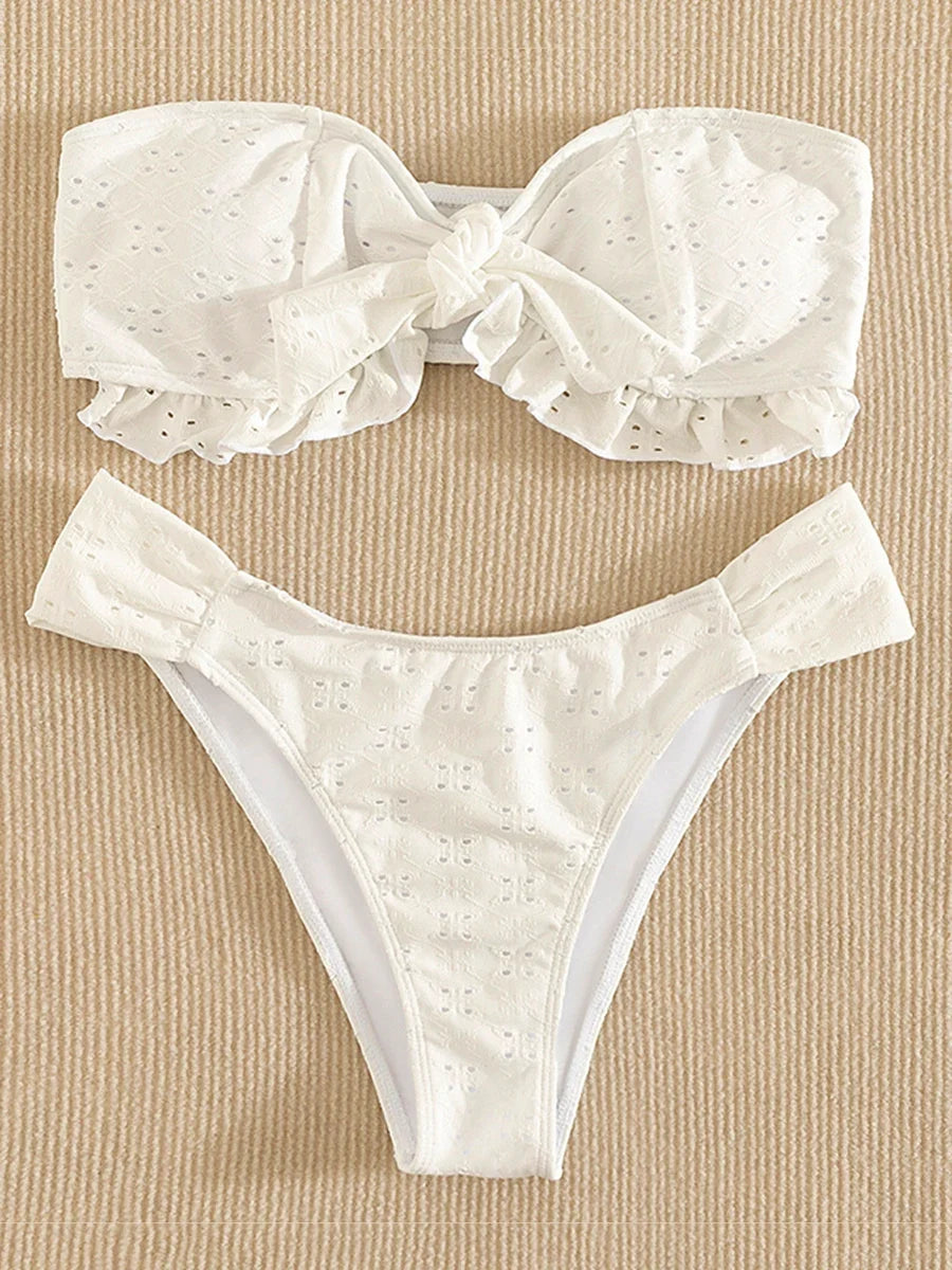 Ruffled Frill Knotted Bandeau Bikini Women Swimwear Female Swimsuit Two-pieces Bikini Set Strapless Bathing Suit Swim Beach Wear