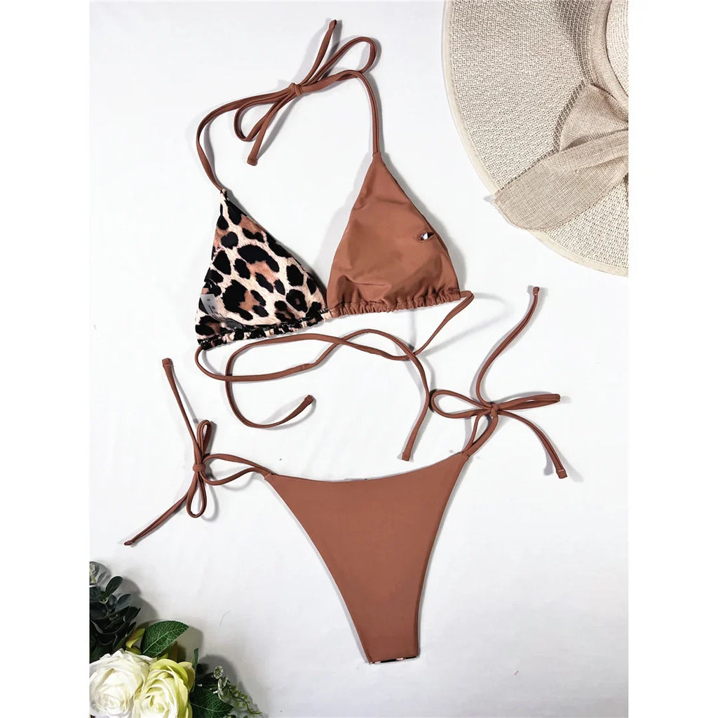 XS - L 8 Color Splicing Halter Leopard Bikini Female Swimsuit Women Swimwear Two-piece Bikini set Bather Bathing Suit Swim V3736
