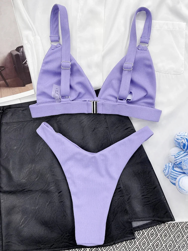 Ribbed Triangle High Cut Bikini Women Swimsuit Female Thong Swimwear Two Pieces Bikini Set Rings Bather Bathing Suit Swim Lady