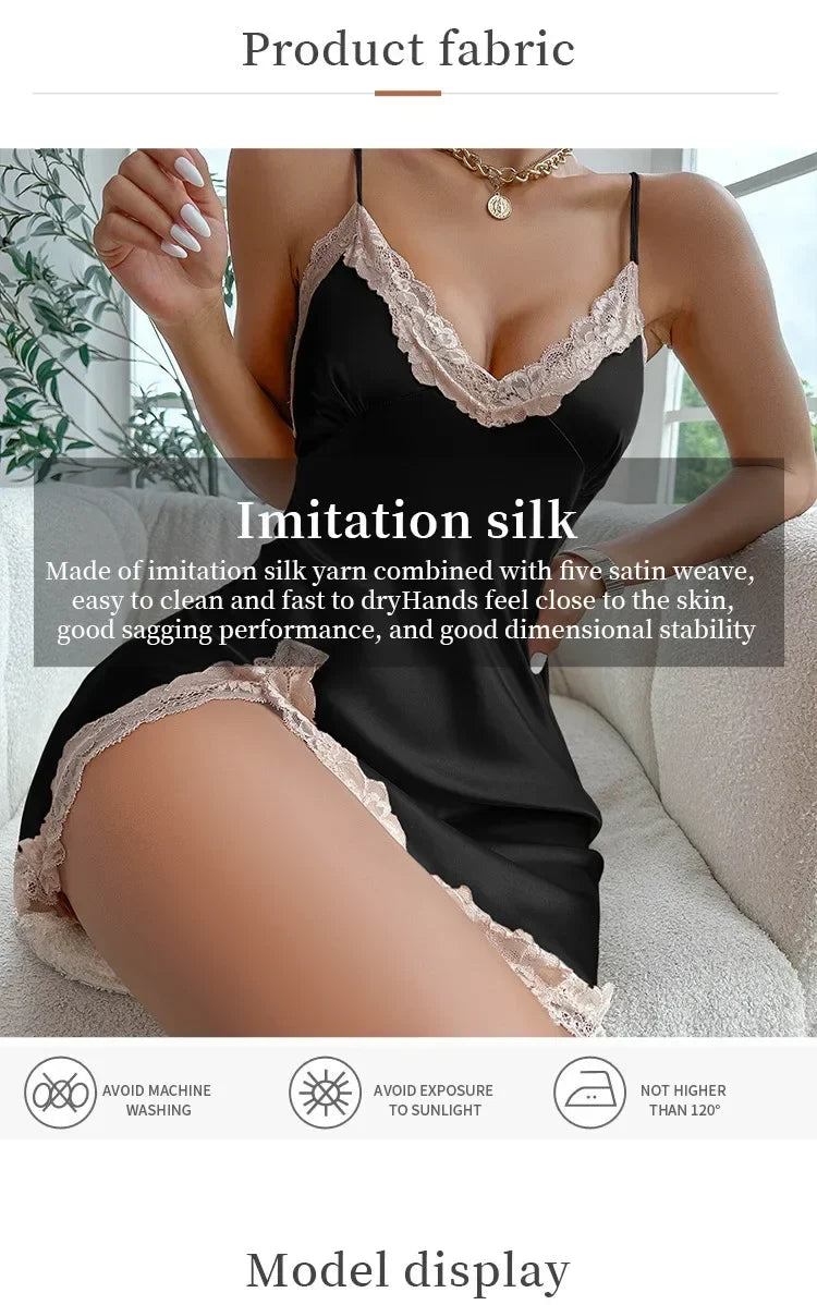 Summer Contrast Sensual Lace Silk Satin Nightdress for Women Deep V Backless Lace Up Split Slip Sleep Dress Nightgown