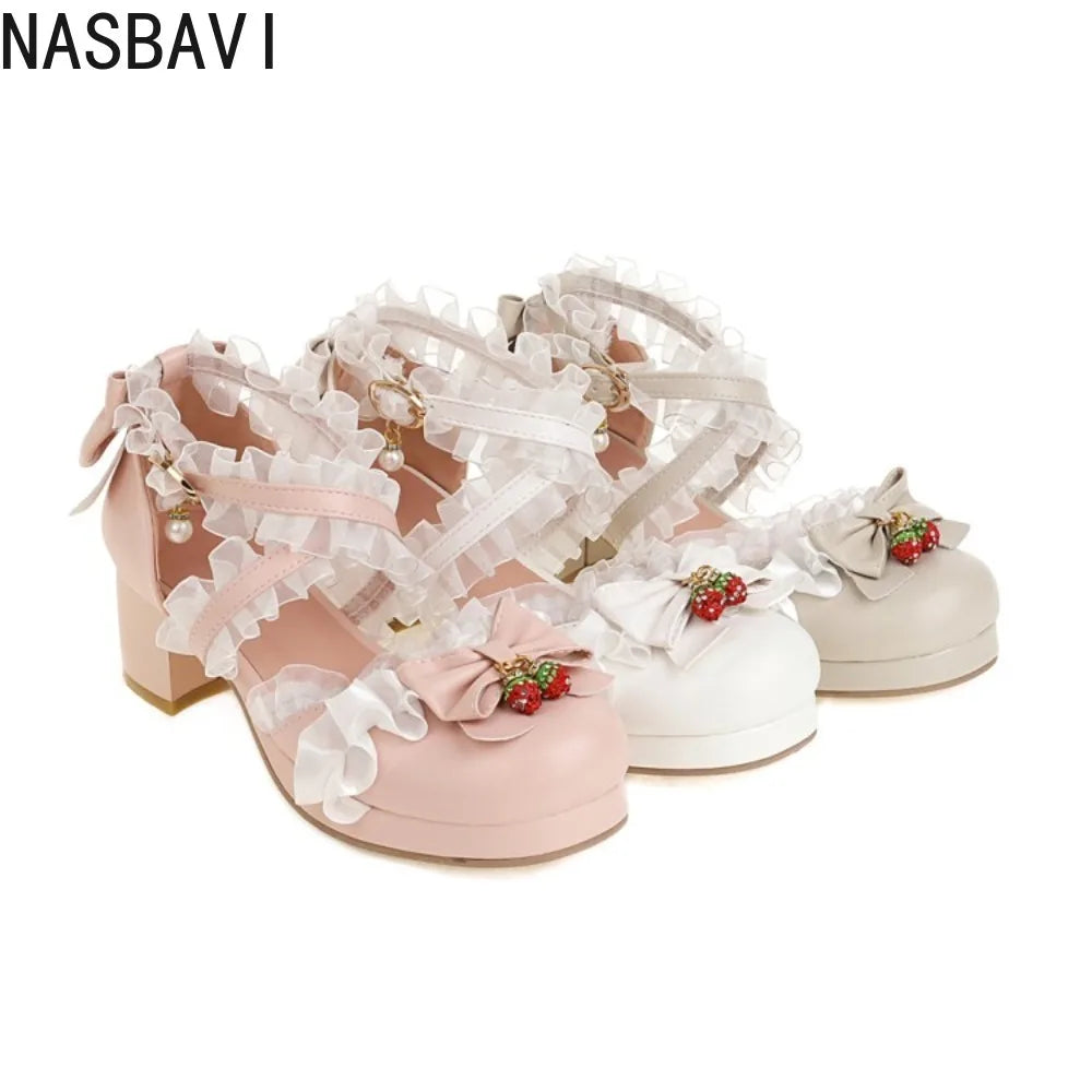 Cross Strap Women High Heels Mary Jane Pumps Wedding Party White Pink Lace Princess Lolita Single Sandals Shoes Large Size 31-48