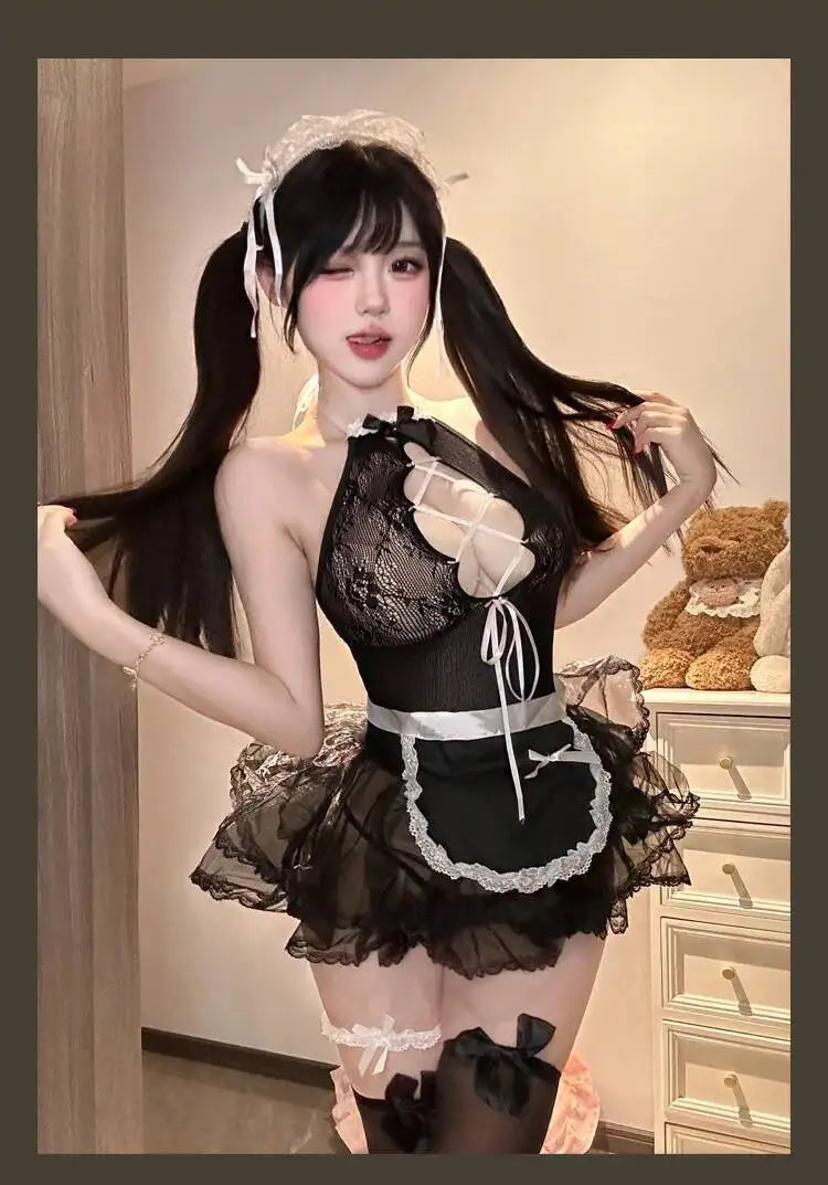 Sexy Hot Maid Uniform Hollow-out Lace Transparent Dress For Woman Hanging Neck Off-the-shoulder Nightclub Wear Dress Sweet TBHM