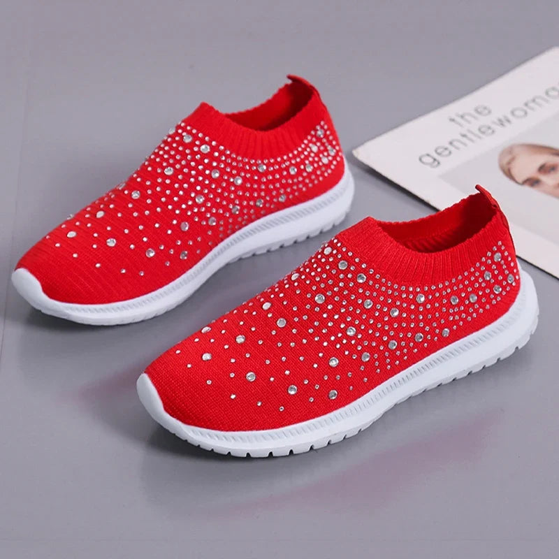 Women's Slip-On Crystal Sneakers 2025 Breathable Mesh Plus Size 35-43 Casual Flats Women Comfort Soft Sole Running Walking Shoes