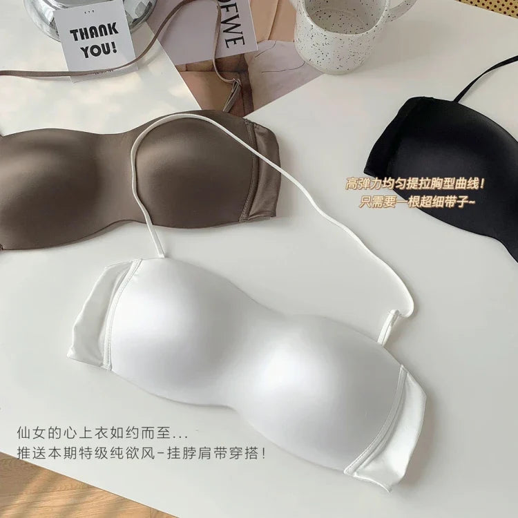 Sexy Japanese Satin Halter Bra Strapless Seamless Two-Way Wear Adjustable Comfort Back Fit Wirefree Lingerie Set S-XL MOYISU Bra