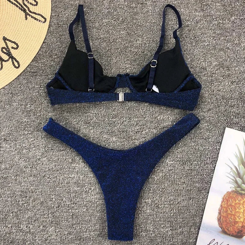 Glitter Sparkling Underwired V-Bar Bikini Women Swimsuit Female Swimwear Two-pieces Bikini Set Micro Thong Bathing Suit Swim