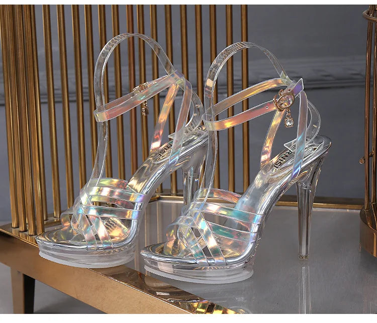 PVC Transparent Crystal Sandals Women Gold Silver Wedding Holographic Summer Jelly Shoes Ladies Thin High Heels Sandalias Mujer
