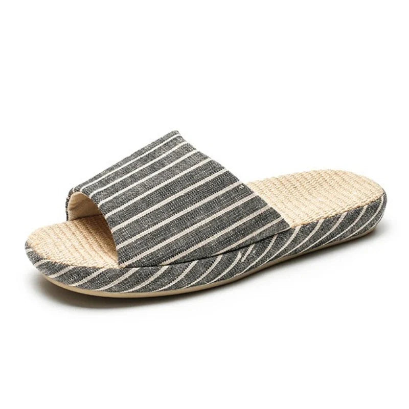 Breathable Linen Slippers For Women Men Summer House Shoes Striped Design Soft Sole Anti-Slip Couples Home Floor Cotton Slides
