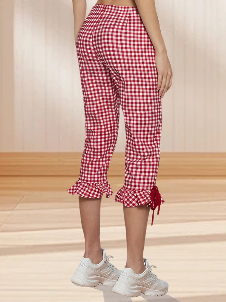 Women Flared Leggings Capri Pants Casual Fashion Plaid Print Cute Bow Crop Bell Bottoms Trendy Bootcut Trousers