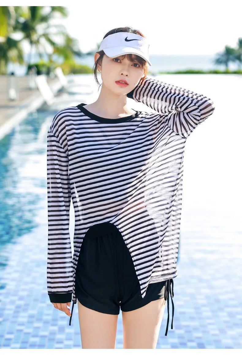 Swimsuit Plus Size Girl Conservative Split Fashion Sports Sunscreen Long Sleeved Slimming Hot Spring Three Piece Set