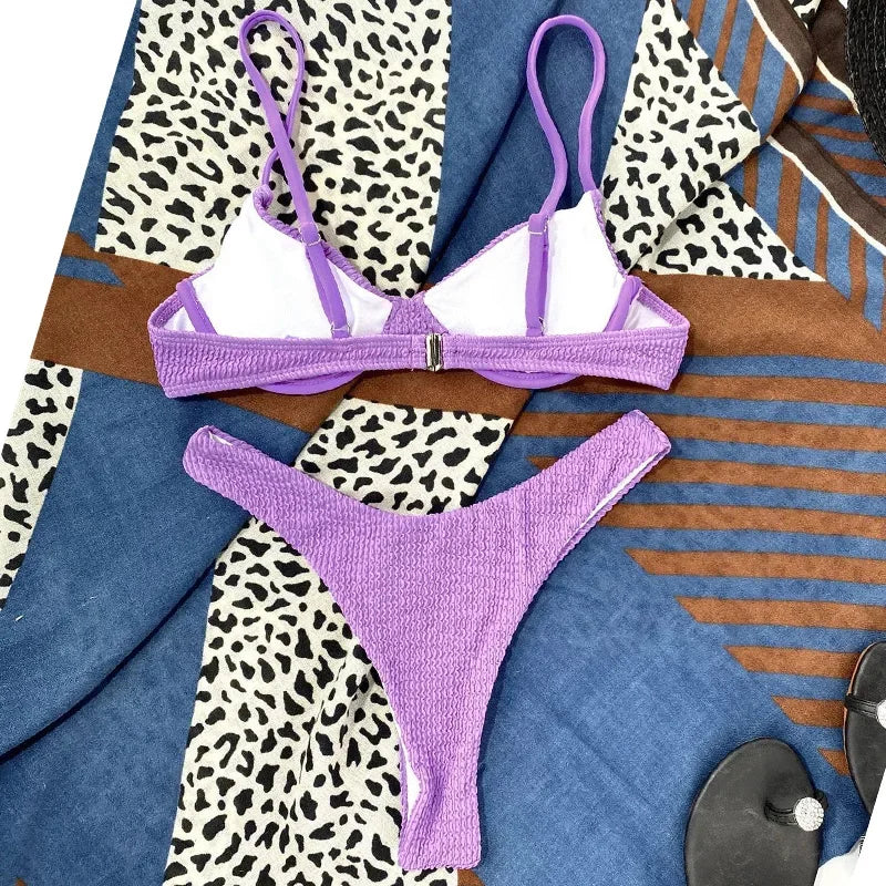 Wrinkled Underwired V-Bar Bikini Swimsuit Female Swimwear Women Two-pieces Bikini set High Cut Bather Bathing Suit Swim Lady