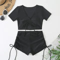 Black Drawstring Swimwear Bikinis Sets Mujer 2026 Crop Top Shorts Bottom Swimsuit Women Sexy Bathing Suit Beachwear Bikini Swim