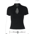 FDYOUI Fashion Stand Collar Button Hollow Out T-shirt for Women 2026 Sexy Short Sleeve Slim Cropped T Shirts Black Wine Red Tops