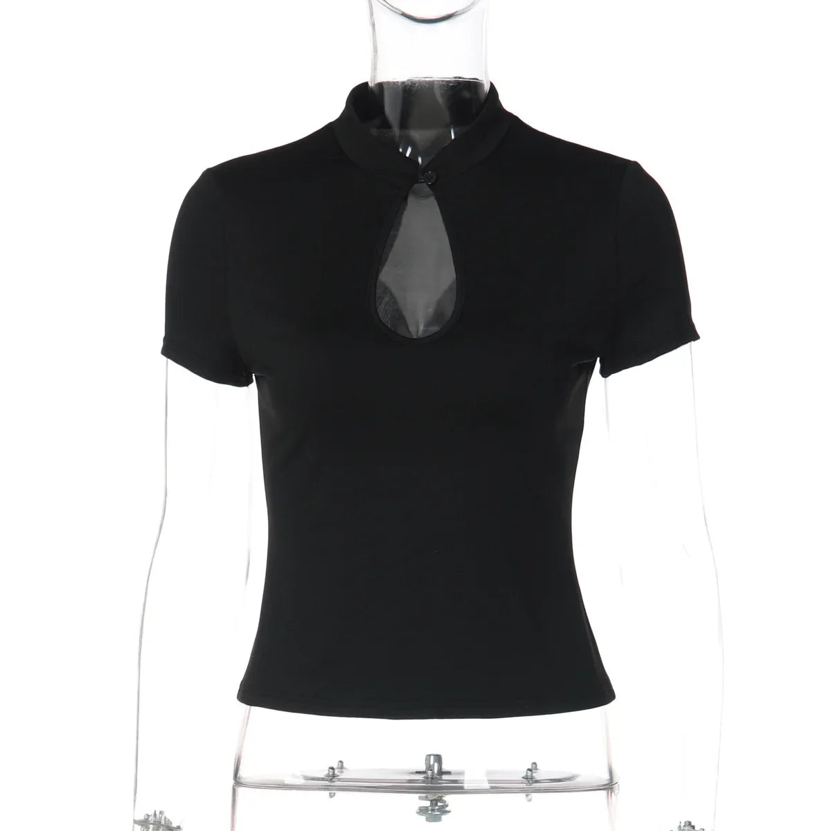 FDYOUI Fashion Stand Collar Button Hollow Out T-shirt for Women 2026 Sexy Short Sleeve Slim Cropped T Shirts Black Wine Red Tops