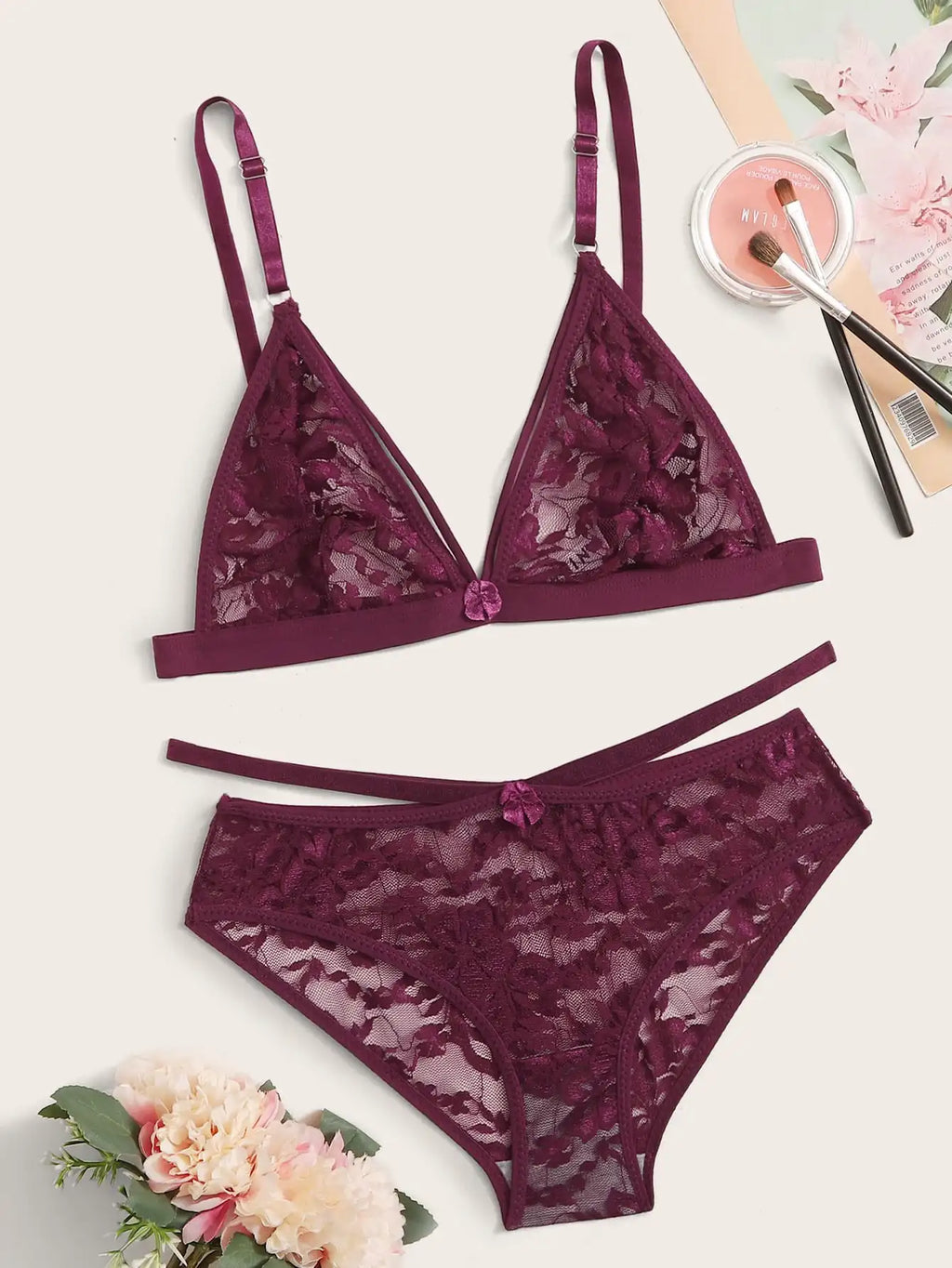 Super Thin Lace Underwear Two-Piece Flower Lingerie For Woman Ladies Black Sexy Underwear Push Up Bra Without Steel Ring A322