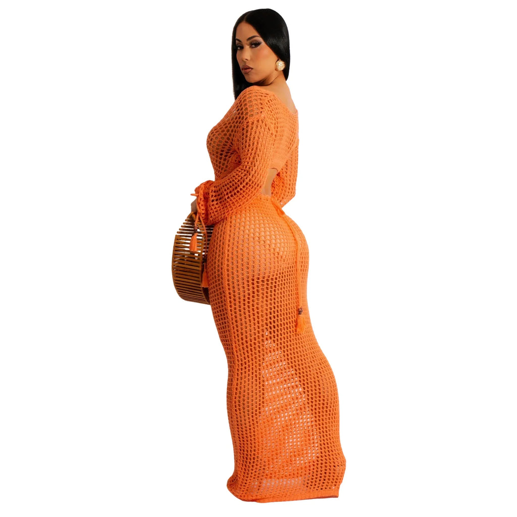DEKA Women Knitted Backless Cover Up Swimsuit Long-sleeved Crochet Hollow Out Dress Summer Beach Vacation Outfit Beach Dress