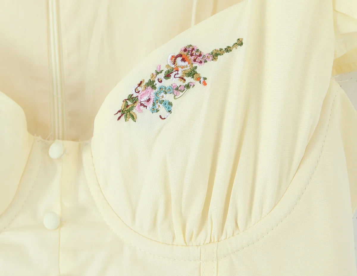 Floral Embroidery Cotton Summer Women's Dress Sleeveless Buttons Decor Short Mini Dress Elegant Yellow A-line New in Dress 2025