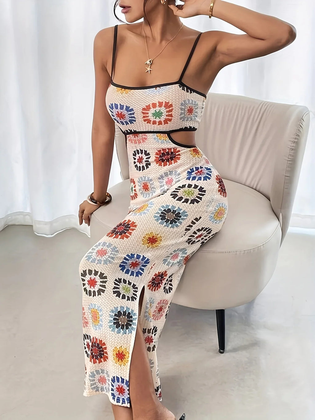Elegant Backless Floral Print Bodycon Dress for Women Sleeveless Gown