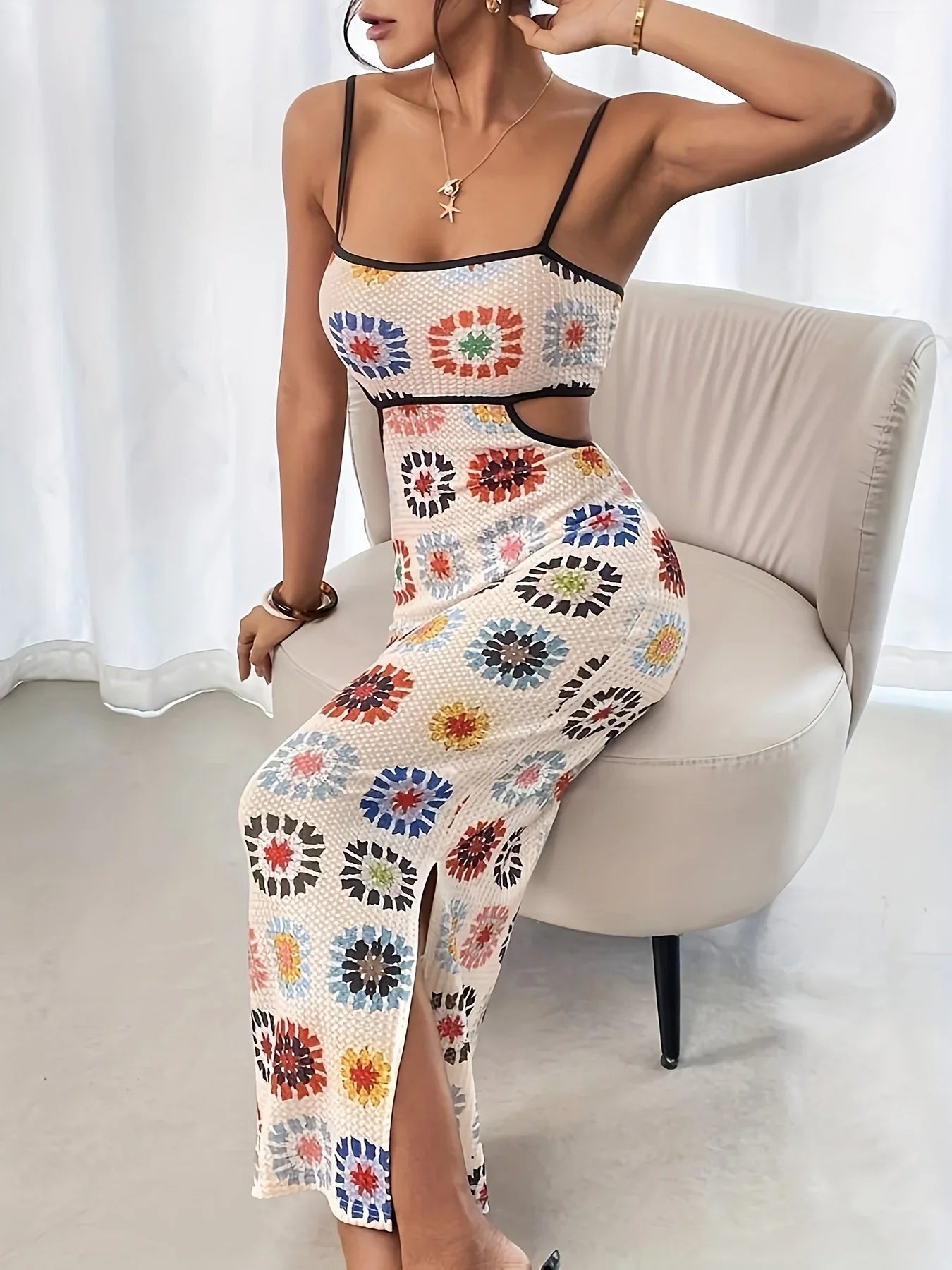 Elegant Backless Floral Print Bodycon Dress for Women Sleeveless Gown