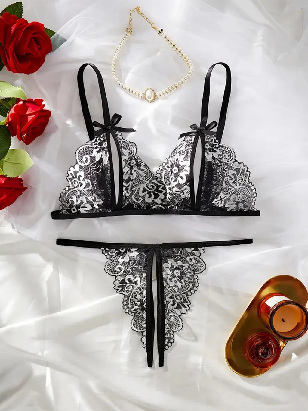 Floral Lace Sexy Lingerie Bow Open Split Cup Intimates Bra And Thongs Sets Crotchless Naughty Porn Sex Outfit Women's Underwear