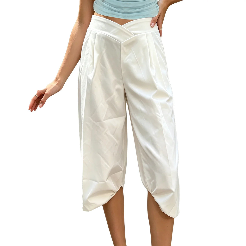 Summer Women Cargo Capri Pants Elastic Waist Cuffs Cropped Trousers with Side Pockets Fashion Casual Loose Fit Pants Streetwear