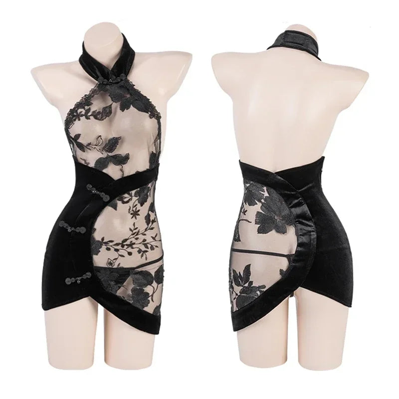 Lace See-through Embroidery Backless Halter Qipao Mini Dress Women Chinese Traditional Cheongsam Sexy Lingerie Elegant Clothes