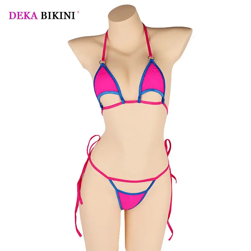 DEKA Summer Women Mini Micro Bikin Set Hollow Out Swimsuit Minimal Cover Halter Neck Self-tie Bra Top G-String Briefs Swimwear
