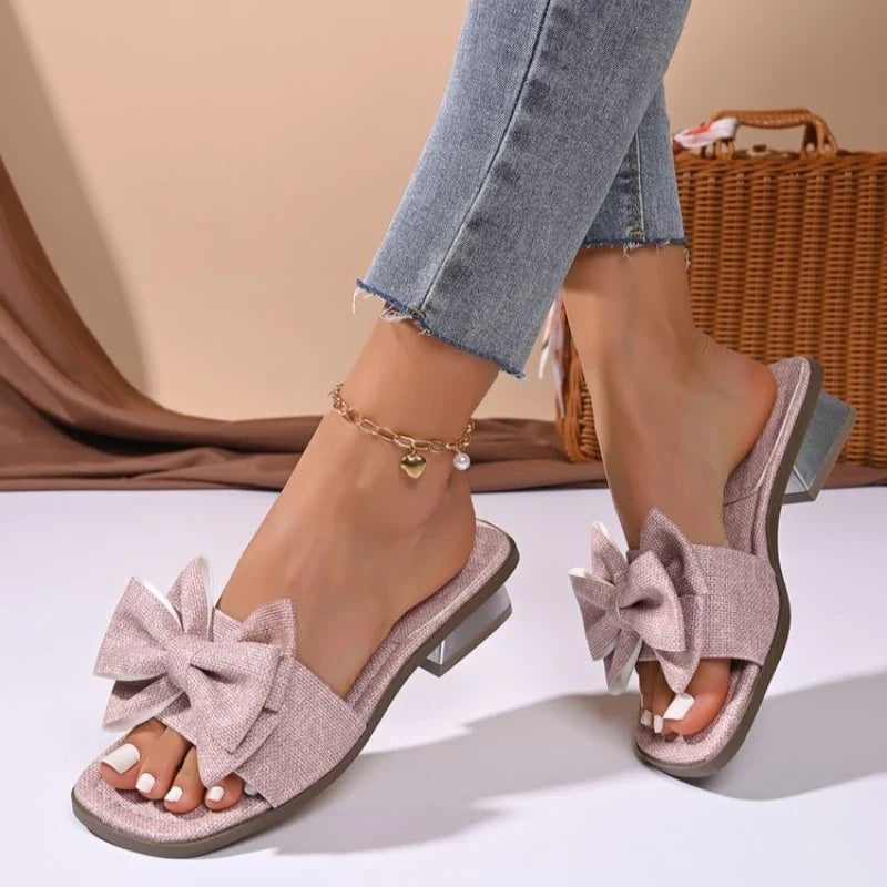 Elegant Big Bow Knot High heels Slippers Women White Slides Woman Plus Size Soft Sole  Non Slip Summer Sandal Mujer Shoes