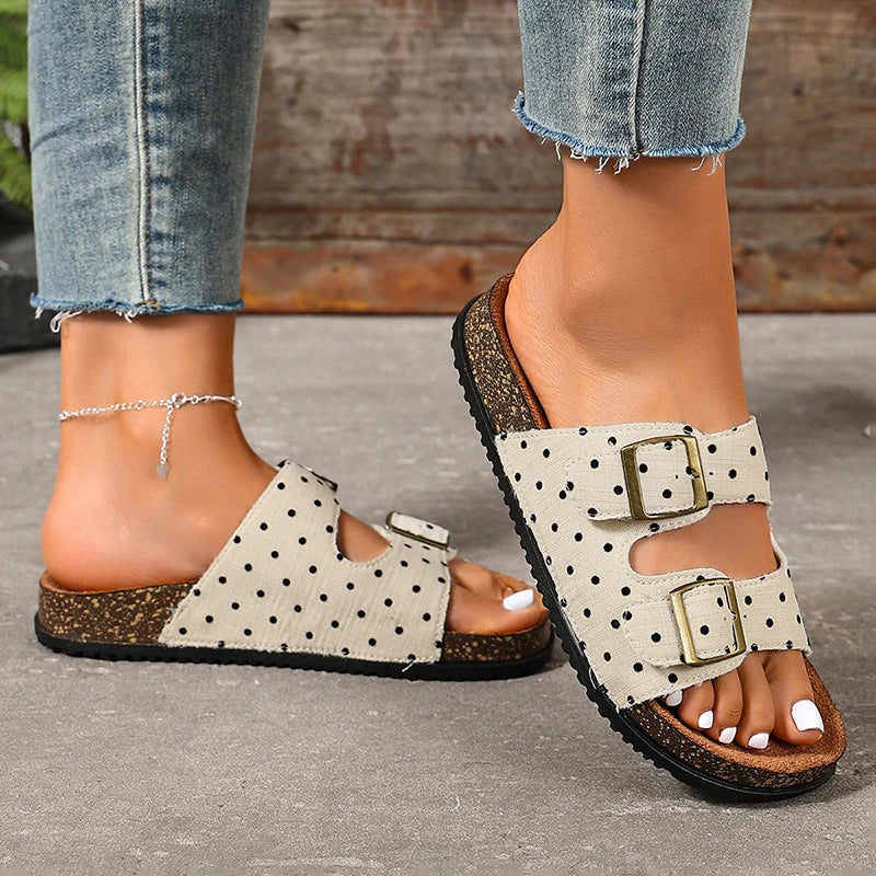 Vinatge Polka-Dot Birken Slippers Women 2026 Fashion Double Buckle Thick Sole Clogs Sandals Woman Plus Size 43 Summer Sandles