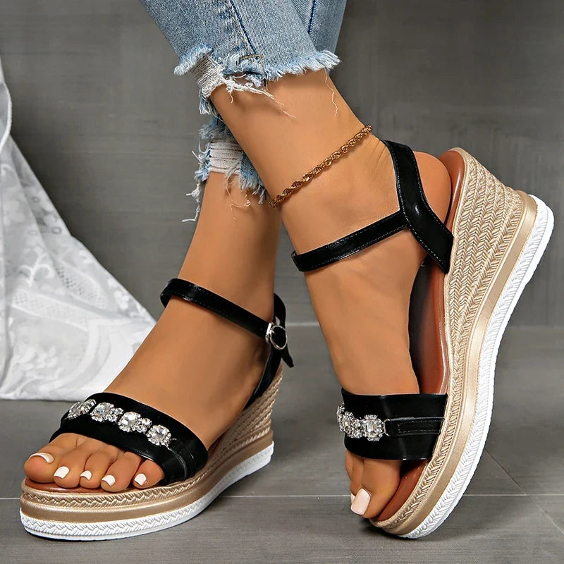 Crystal Decor Women's Wedges Sandals 2026 Summer Ankle Buckle Platform Gladiator Shoes Woman Comfort Casual High Heels Sandals