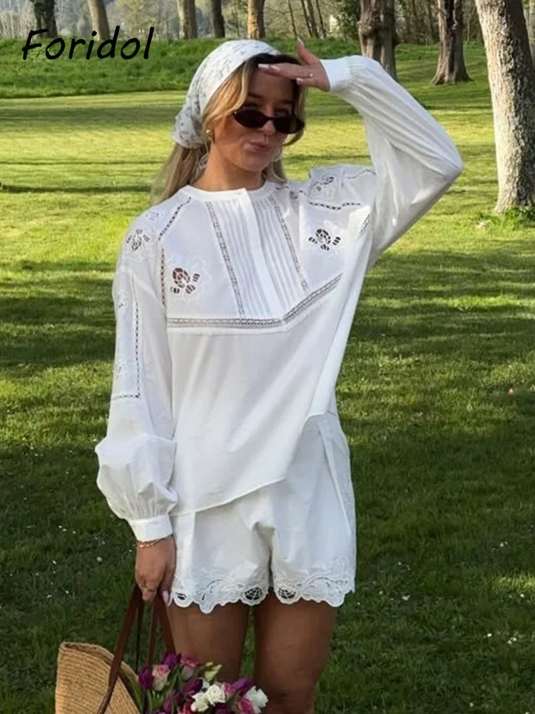 Foridol White Cotton Shorts Set Outfits Women Hollow Out Embroidery Two Pieces Set Outfits Shirt Shorts Matching Set Summer