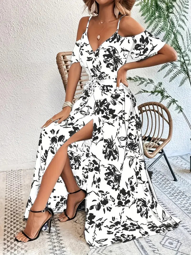 New Summer Women Print Dress 2025 Fashion Elegant  Vacation Party Short Sleeve Slim V-neck Slit Long Dresses Vestidos Para Mujer