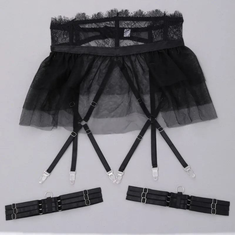 Toucheart 4 Piece Set Sexy Lingerie Set Lace Perspective Bra Women Mesh Patchwork Ruffled Skirt Garter Socks Sexy Underwear Suit