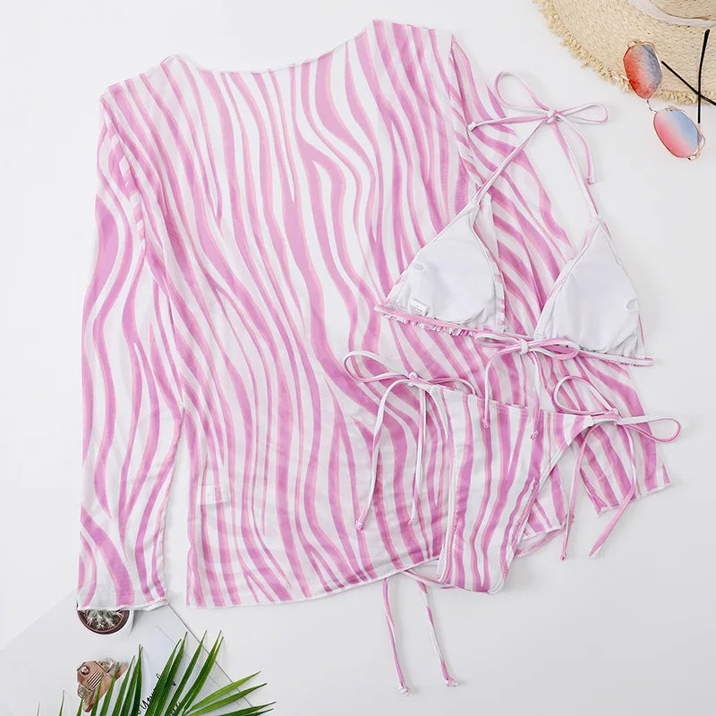 DEKA Sold Triangle Bikini Set Blouse Swimsuit Women Printed Halter Swimwear Cover Up Beach Wear 3 Pieces Sheer Bathing Suit
