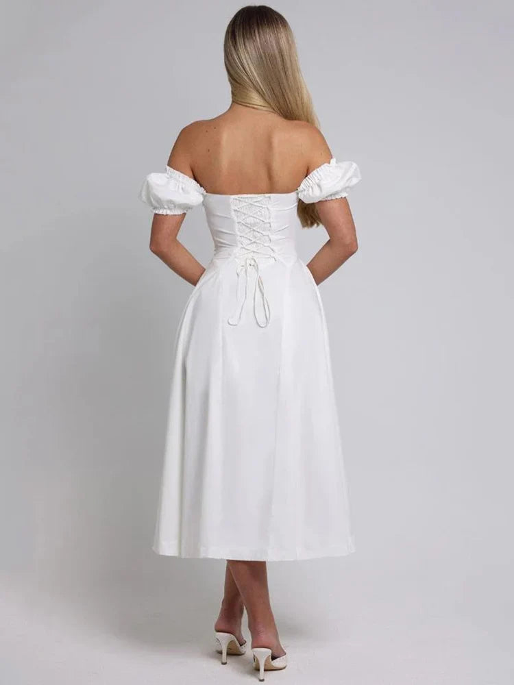 Bowknot Ruffles Light Blue Midi Dress Women's Summer Off Shoulder Short Sleeve Beach Dress Drawstring White A-line Vestidos 2025