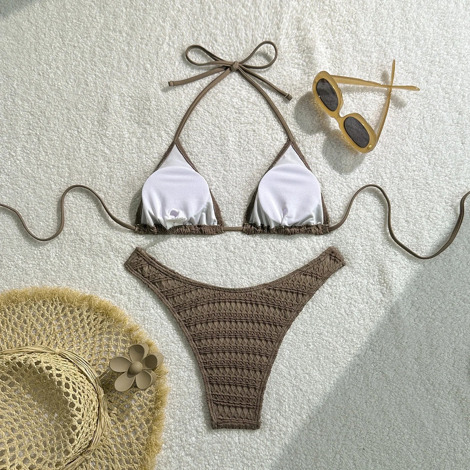 Sexy Knitted Hollow Handmade Crochet Bikini Set Women Pink Bandage Criss Cross Micro Swimsuit Bathng Suit Thong Swimwear