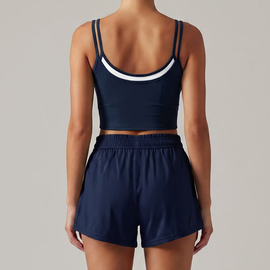 Women's New Summer Yoga Sets Color Blocked Double Strap Workout Tank Top Fitness Suit Drawstring High Waist Short Sport Set