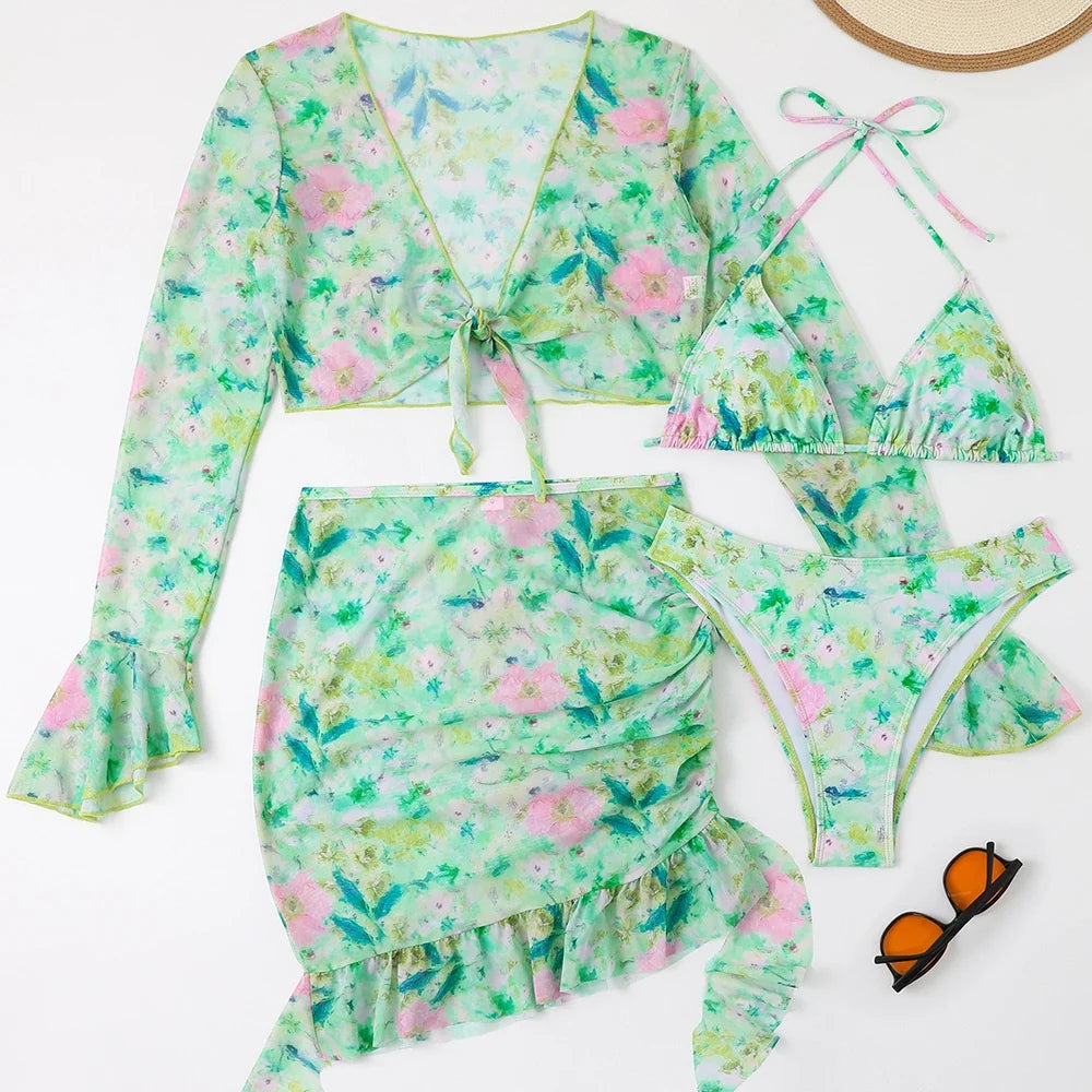 4 Pieces String Bikinis 2026 Women Sexy Swimwear Female Floral Swimsuit Bathers Bathing Swimming Swim Suit Beachwear Summer