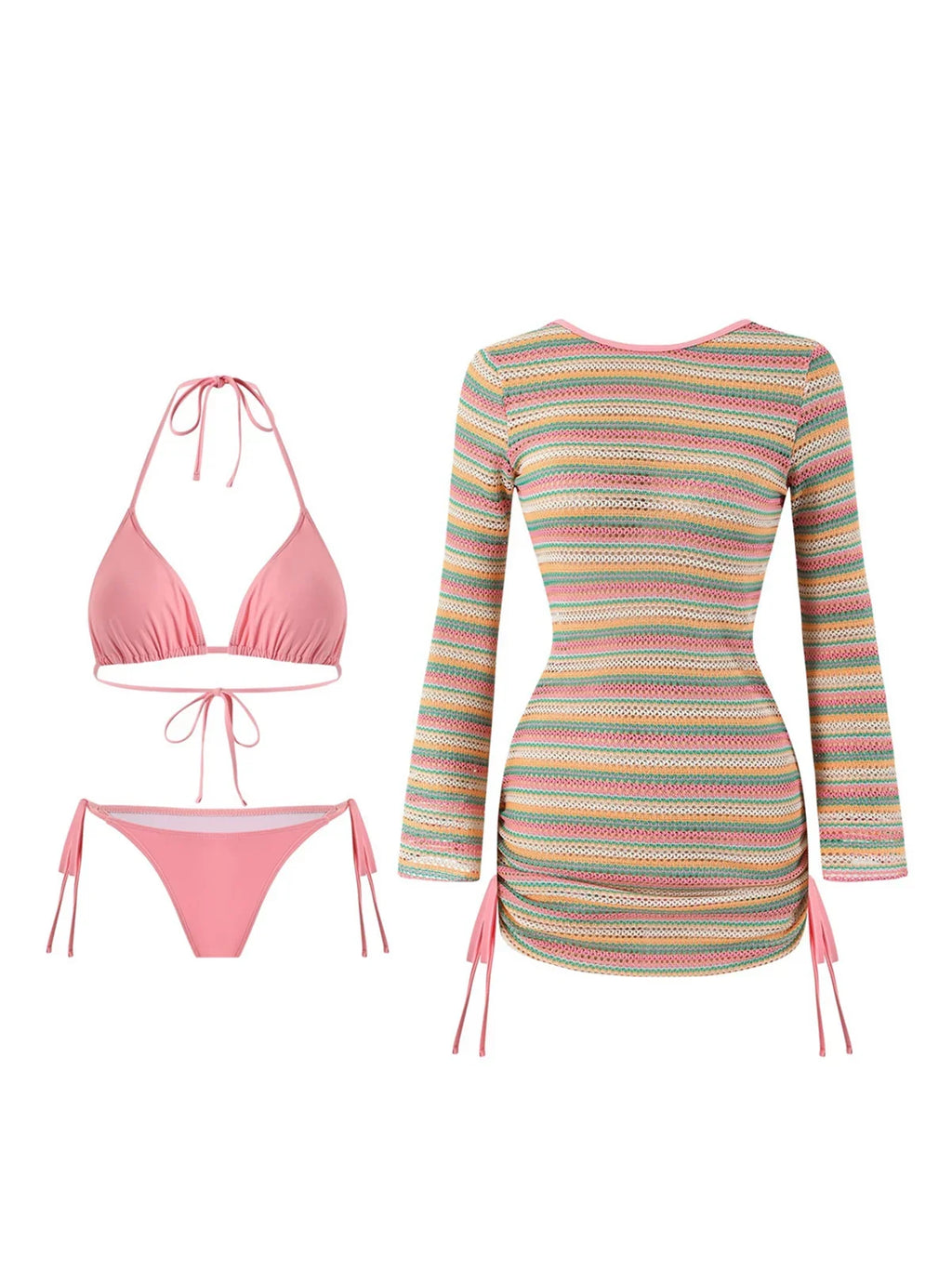 S - XL Striped Long Sleeve Cover Up Bikini Female Swimsuit Women Swimwear Bather Bathing Suit Swim Three-pieces Bikini set K8128