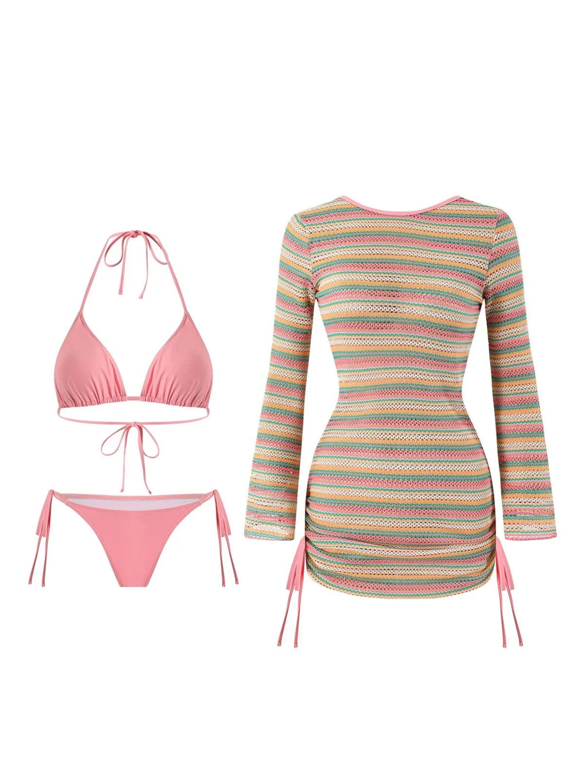 S - XL Striped Long Sleeve Cover Up Bikini Female Swimsuit Women Swimwear Bather Bathing Suit Swim Three-pieces Bikini set K8128