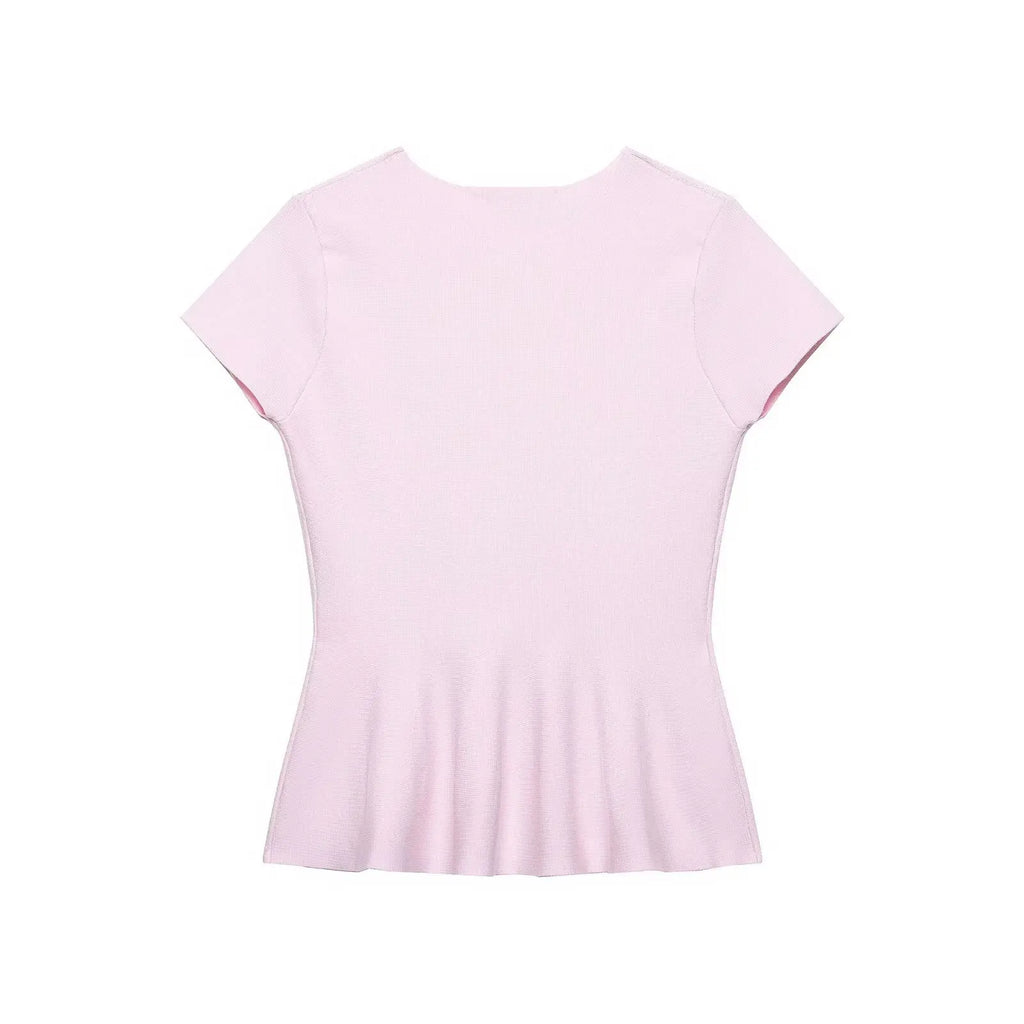 Women's Fashion Skirt Knit Top Women Pink Solid Color V Neck Short Sleeve Knit Top Hem Slim Fit Casual Elegant For Summer HFZN