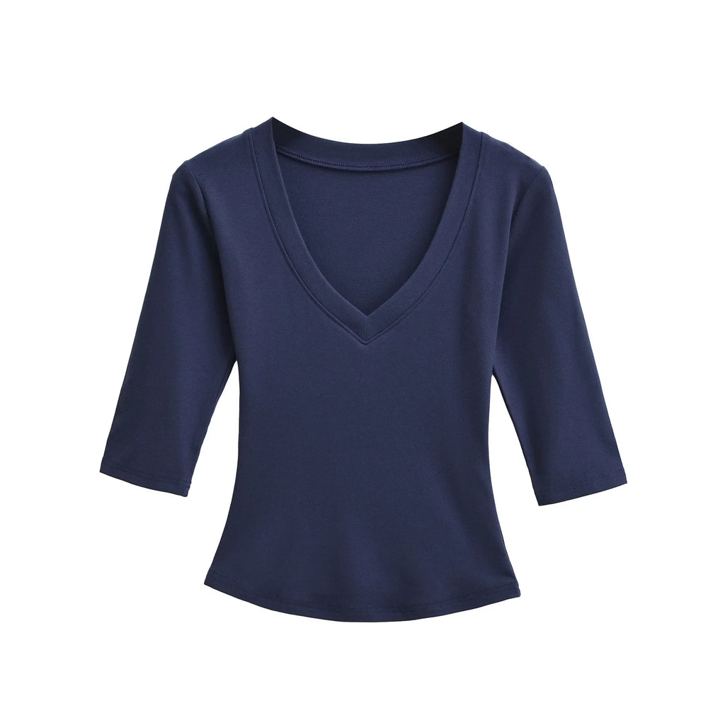 New Pure Desire Casual Style T-Shirt Hot Girl Sexy V-Neck Wool Lyocell Stretch Slim Fit Mid-Sleeve Solid Color Thin T-Shirt WLOC