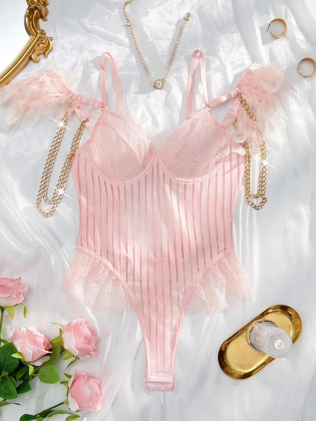Fashionable New Sexy Lace Spliced Flower Embroidery Mesh Backless Deep V Suspenders Sleeveless Bodysuits Charming Casual H2F1