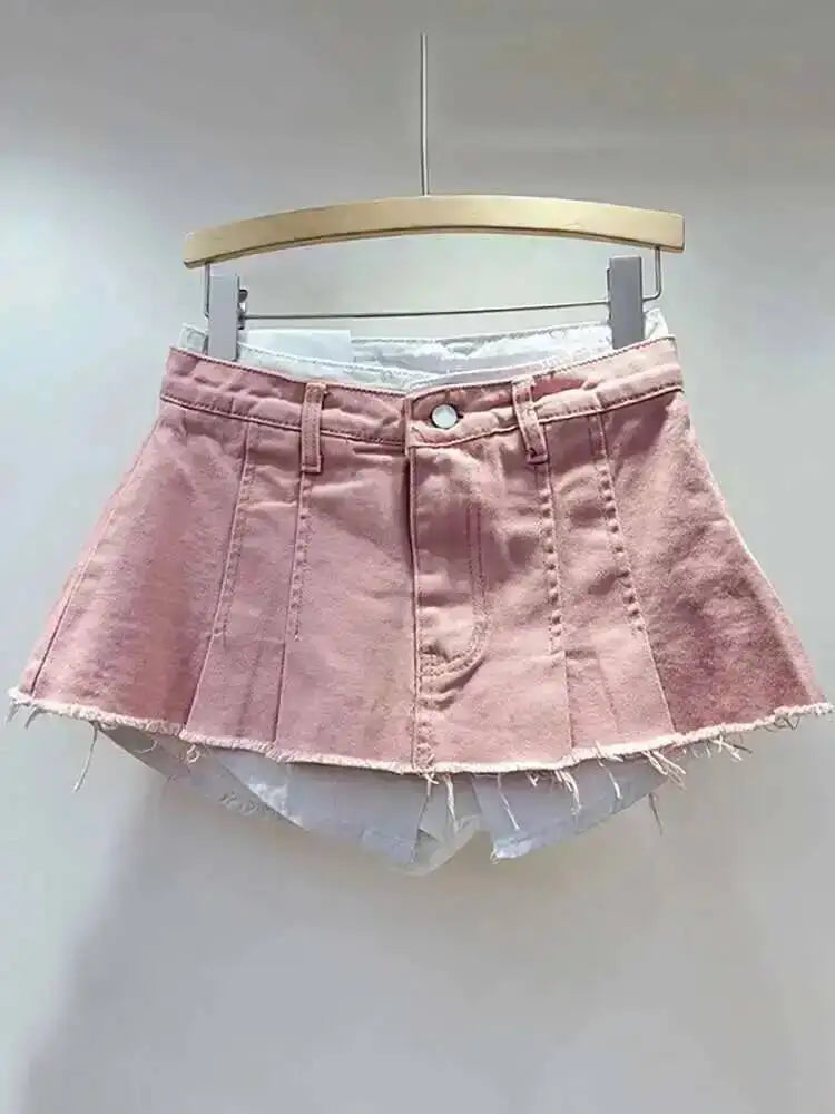 Women's Denim Skirt High Waist Pleated Patchwork Contrast Color Big Pockets Burrs A-line Mini Skirt 2026 Summer New SKIRTS 7W7E